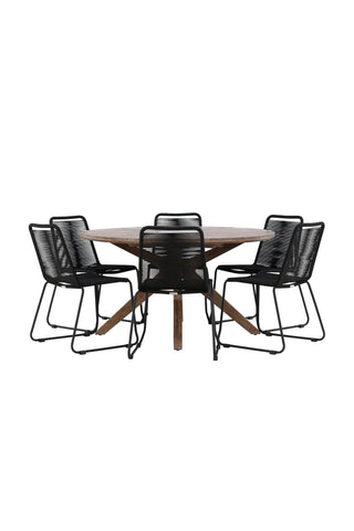 Venture Home Rosario Matbord - Teak Ø140 +Lindos Stapelstol - Svart Alu / Svart rep _6