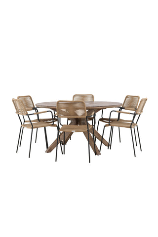 Venture Home Rosario Matbord- Teak Ø140 +Lindos - Fåtölj - Svart Alu / Latte rep _6