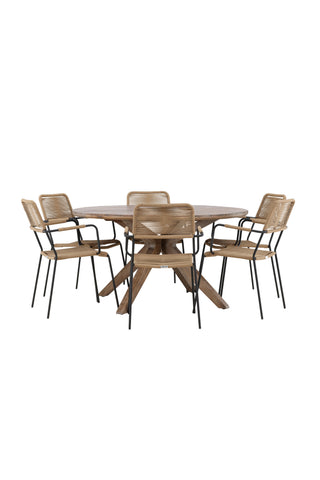 Venture Home Rosario Matbord- Teak Ø140 +Lindos - Fåtölj - Svart Alu / Latte rep _6