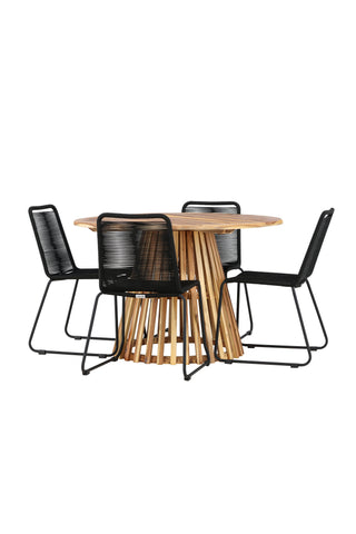 Venture Home Lumpur Matbord Acacia - Teaklook / Rund ø110**75 +Lindos Stapelstol - Svart Alu / Svart rep _4