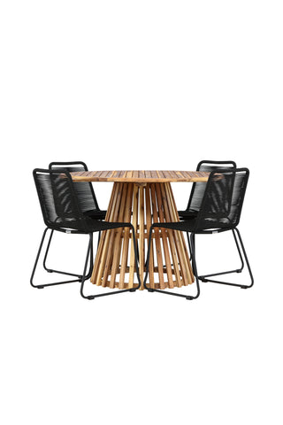Venture Home Lumpur Matbord Acacia - Teaklook / Rund ø110**75 +Lindos Stapelstol - Svart Alu / Svart rep _4