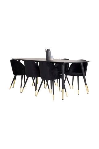 Venture Home Dipp Matbord - 180*90cm - Svart Faner / svarta ben m mässingsdipp - Sammetsmatsalsstol Mässing - Svart / Svart 6