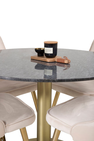 Venture Home Estelle Matbord runt 106cm Grå Marmor / Mässing - Sammet Deluxe Matbord - Ben i borstad mässing / Beige Sammet 4