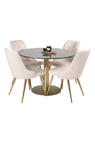 Venture Home Estelle Matbord runt 106cm Grå Marmor / Mässing - Sammet Deluxe Matbord - Ben i borstad mässing / Beige Sammet 4