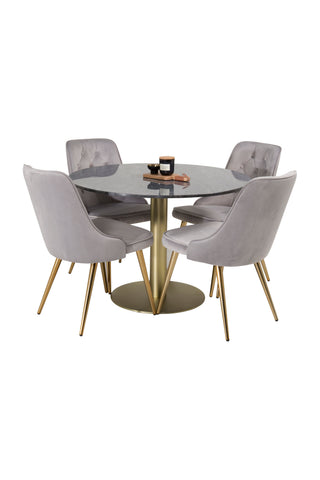 Venture Home Estelle Matbord runt 106cm Grå Marmor / Mässing - Sammet Deluxe Matbord - Ben i borstad mässing / Ljusgrå Sammet 4