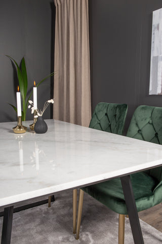 Estelle Matbord 140*90 - Vit Marmor / Svarta Ben - Velvet Deluxe Stol - Mossgrön/Matt mässingsben 4