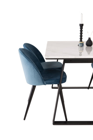 Estelle Matbord 140*90 - Vit Marmor / Svarta Ben - Matstol i sammet - Blå / Svart 4