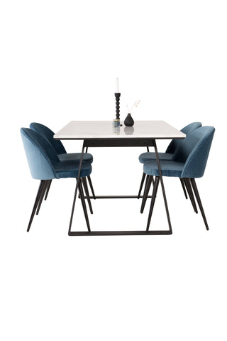 Estelle Matbord 140*90 - Vit Marmor / Svarta Ben - Matstol i sammet - Blå / Svart 4
