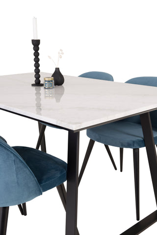 Estelle Matbord 140*90 - Vit Marmor / Svarta Ben - Matstol i sammet - Blå / Svart 4