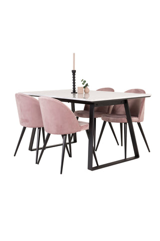 Estelle Matbord 140*90 - Vit Marmor / Svarta Ben - Matstol i sammet - Rosa / Svart 4
