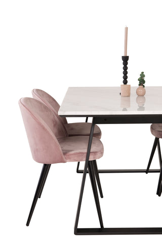 Estelle Matbord 140*90 - Vit Marmor / Svarta Ben - Matstol i sammet - Rosa / Svart 4