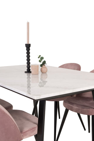 Estelle Matbord 140*90 - Vit Marmor / Svarta Ben - Matstol i sammet - Rosa / Svart 4
