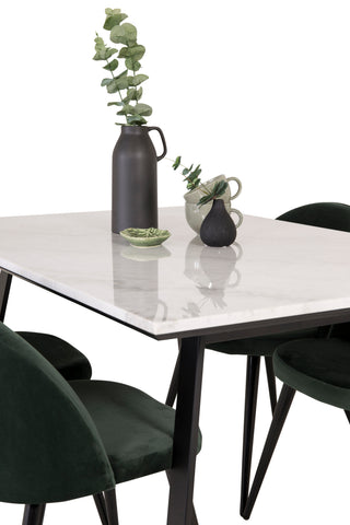 Estelle Matbord 140*90 - Vit Marmor / Svarta Ben - Matstol i sammet - Grön / Svart 4