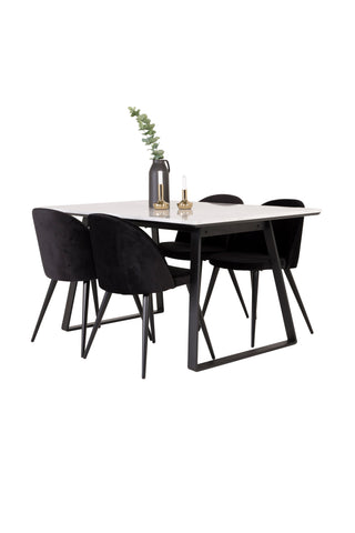 Estelle Matbord 140*90 - Vit Marmor / Svarta Ben - Matstol i sammet - Svart / Svart 4