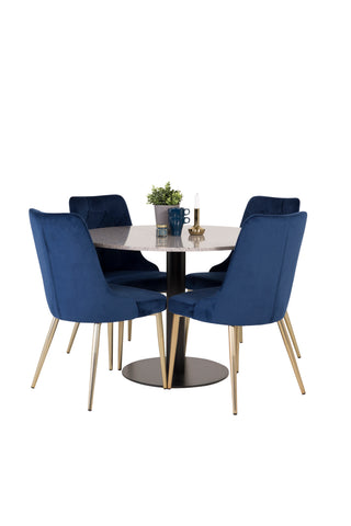 Razzia Matbord 106cm -Grå Terazzo / Svart - Sammet Deluxe Stol - Blå/Matt Mässing Ben 4