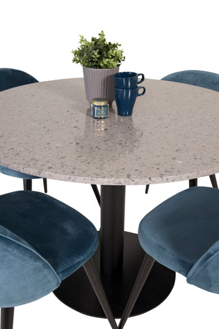Razzia Matbord 106cm - Grå Terazzo / Svart+Velvet Matstol - Svart / Blå S