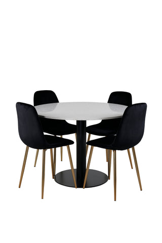 Venture Home Razzia Matbord 106cm -Vit Terazzo / Svart - Polarstol - Svart sammet / Matt mässing ben 4