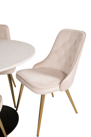 Razzia Matbord 106cm -Vit Terazzo / Svart - Sammet Deluxe Matstol - Ben i borstad mässing / Beige sammet 4