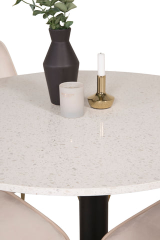 Razzia Matbord 106cm -Vit Terazzo / Svart - Sammet Deluxe Matstol - Ben i borstad mässing / Beige sammet 4