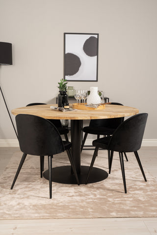 Cirebon Runt Bord - 140cm - Teak / Svart + Sammet Matstol - Svart / Svart Sammet_4
