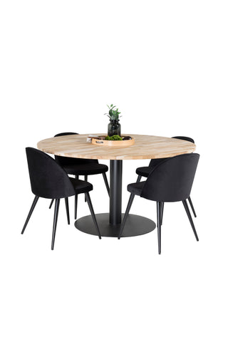 Cirebon Runt Bord - 140cm - Teak / Svart + Sammet Matstol - Svart / Svart Sammet_4