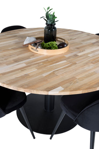 Cirebon Runt Bord - 140cm - Teak / Svart + Sammet Matstol - Svart / Svart Sammet_4