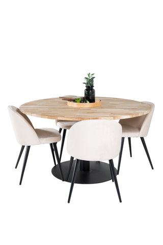 Cirebon Runt Bord - 140cm - Teak / Svart + Sammet Matstol - Svart / Créme _4