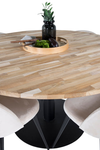 Cirebon Runt Bord - 140cm - Teak / Svart + Sammet Matstol - Svart / Créme _4