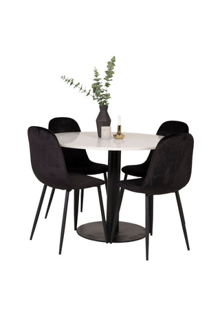 Razzia Matbord 106cm - Vit Terazzo / Svart+Polar Matstol - Svarta ben / Svart Sammet_4