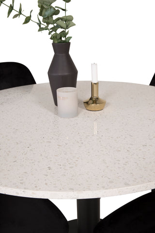 Razzia Matbord 106cm - Vit Terazzo / Svart+Polar Matstol - Svarta ben / Svart Sammet_4