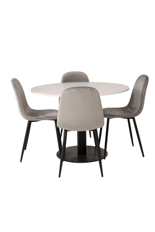 Razzia Matbord 106cm - Vit Terazzo / Svart+Polar Matstol - Svarta ben / Ljusgrå Sammet_4