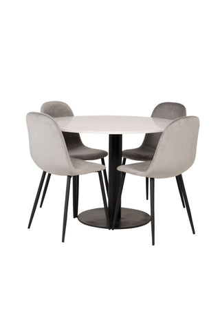 Razzia Matbord 106cm - Vit Terazzo / Svart+Polar Matstol - Svarta ben / Ljusgrå Sammet_4