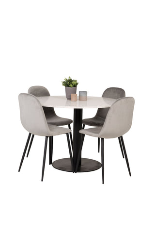 Razzia Matbord 106cm - Vit Terazzo / Svart+Polar Matstol - Svarta ben / Ljusgrå Sammet_4