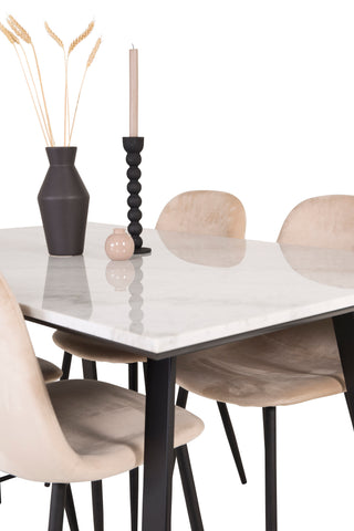 Estelle Matbord 140*90 - Vit Marmor / Svarta Ben+Polar Matstol - Svarta ben / Beige Velvet_4