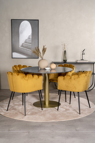 Estelle runt Matbord - Borstad Mässing / Svart marmor - ø106*H75+Limhamn - Stol - Gold Velvet_4