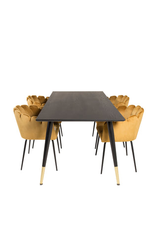 Dipp Matbord - 180*90cm - Svart Faner / svarta ben m mässingsdipp +Limhamn - Stol - Guld Sammet_4