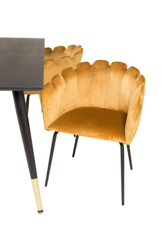 Dipp Matbord - 180*90cm - Svart Faner / svarta ben m mässingsdipp +Limhamn - Stol - Guld Sammet_4