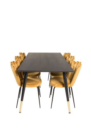 Venture Home Dipp Matbord - 180*90cm - Svart Faner / svarta ben m mässingsdipp +Limhamn Light - Stol - Guld Sammet_6