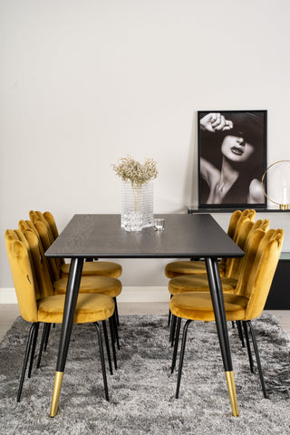 Venture Home Dipp Matbord - 180*90cm - Svart Faner / svarta ben m mässingsdipp +Limhamn Light - Stol - Guld Sammet_6