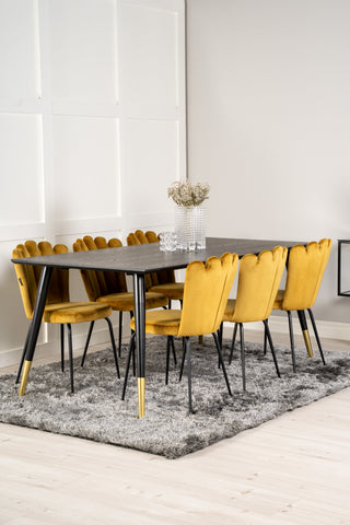 Venture Home Dipp Matbord - 180*90cm - Svart Faner / svarta ben m mässingsdipp +Limhamn Light - Stol - Guld Sammet_6