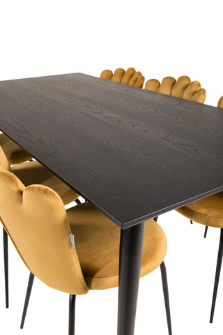 Venture Home Dipp Matbord - 180*90cm - Svart Faner / svarta ben m mässingsdipp +Limhamn Light - Stol - Guld Sammet_6