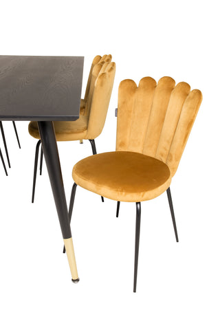 Venture Home Dipp Matbord - 180*90cm - Svart Faner / svarta ben m mässingsdipp +Limhamn Light - Stol - Guld Sammet_6