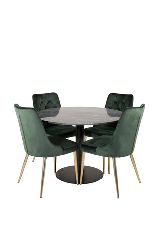 Estelle runt Matbord - Svart / Svart marmor - ø106*H75+Velvet Lyx Matstol - Matt Mässing / Mossgrön Sammet_4