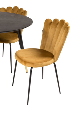 Dipp Matbord - 115cm - Svart fanér / svarta ben m mässingsdipp +Limhamn Light - Stol - Guld sammet_4