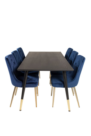 Venture Home Dipp Matbord - 180*90cm - Svart fanér / svarta ben m mässingsdipp - Velvet Deluxe Stol - Blå/Matt Mässing Ben 6
