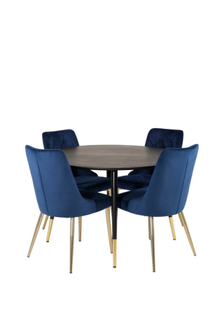 Dipp Matbord - 115cm - Svart faner / svarta ben m mässingsdipp - Velvet Deluxe Stol - Blå/Matt Mässing Ben 4