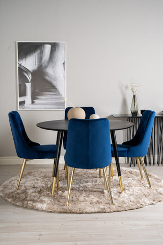 Dipp Matbord - 115cm - Svart faner / svarta ben m mässingsdipp - Velvet Deluxe Stol - Blå/Matt Mässing Ben 4