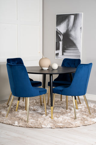 Dipp Matbord - 115cm - Svart faner / svarta ben m mässingsdipp - Velvet Deluxe Stol - Blå/Matt Mässing Ben 4