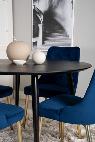 Dipp Matbord - 115cm - Svart faner / svarta ben m mässingsdipp - Velvet Deluxe Stol - Blå/Matt Mässing Ben 4