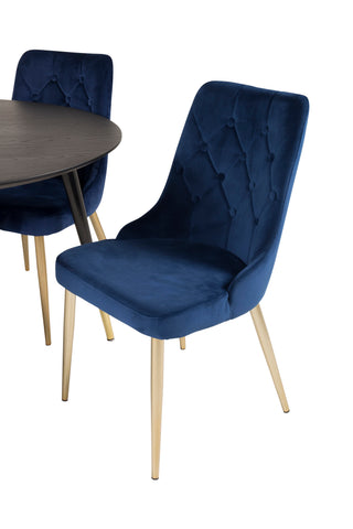 Dipp Matbord - 115cm - Svart faner / svarta ben m mässingsdipp - Velvet Deluxe Stol - Blå/Matt Mässing Ben 4